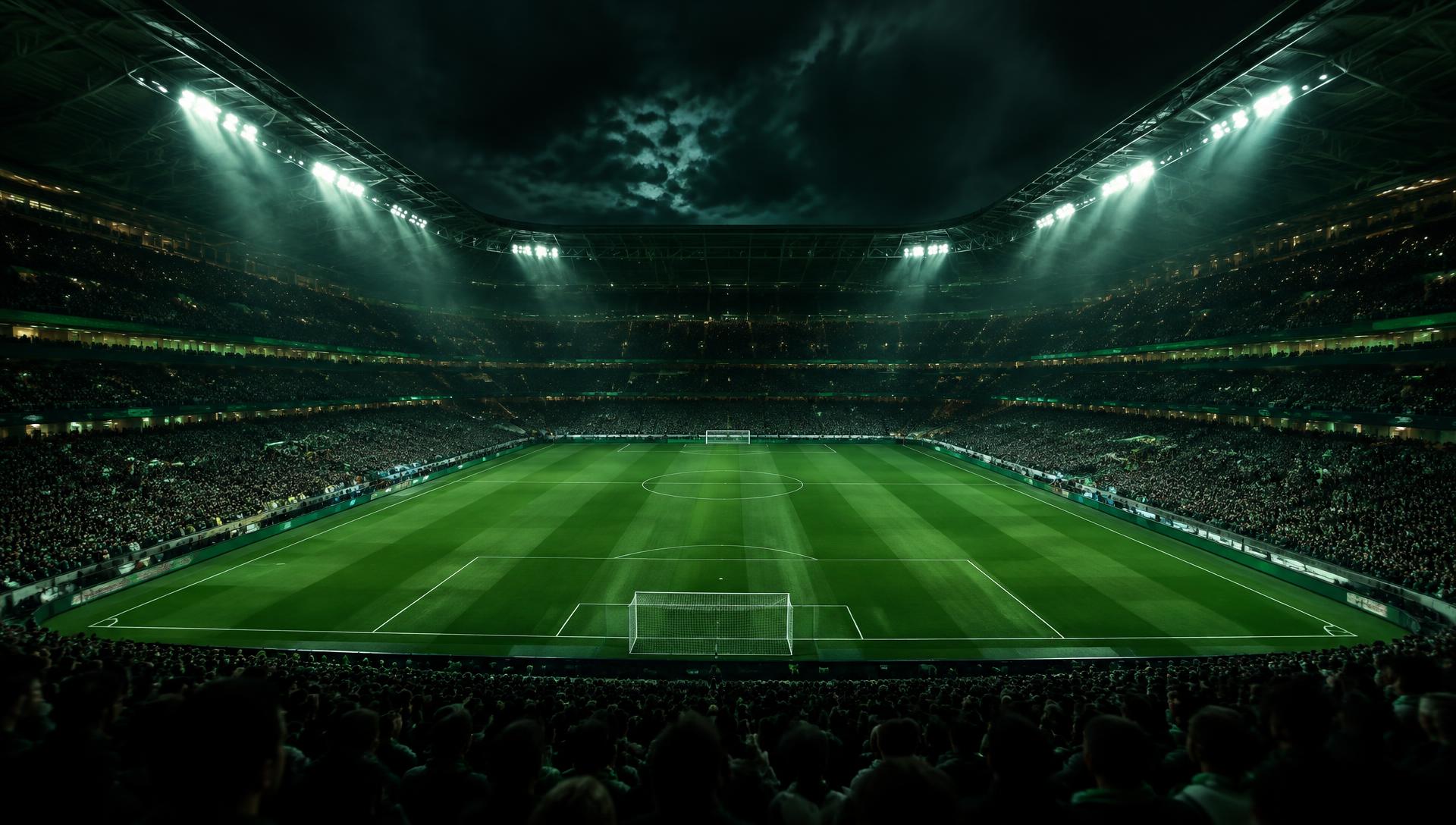 Floodlit football stadium at night